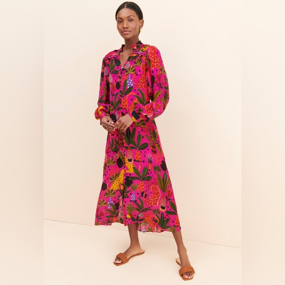 FARM Rio Pink Long Sleeve Sundress with Notched Collar